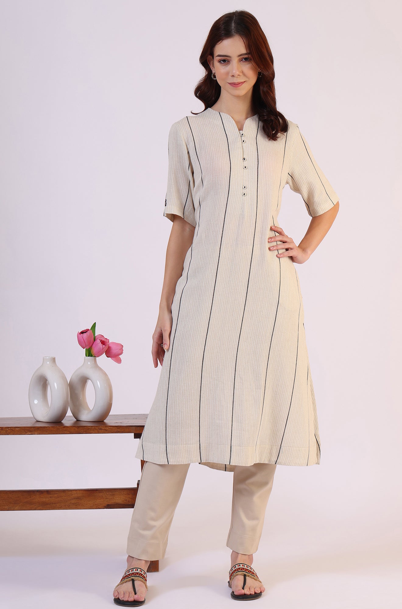Light Beige Yarn Dyed Striped Short Sleeves Cotton Blend Kurta