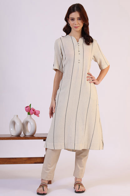 Light Beige Yarn Dyed Striped Short Sleeves Cotton Blend Kurta