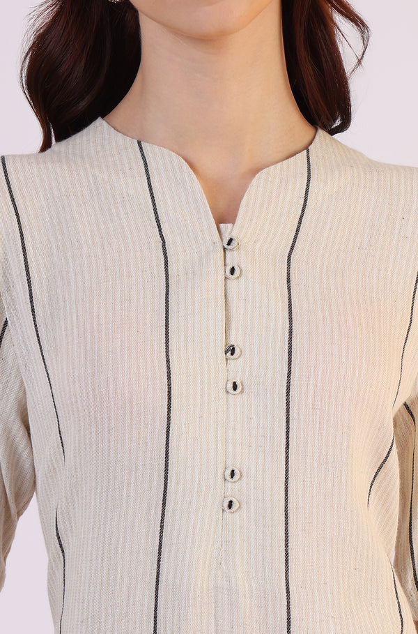 Light Beige Yarn Dyed Striped Short Sleeves Cotton Blend Kurta