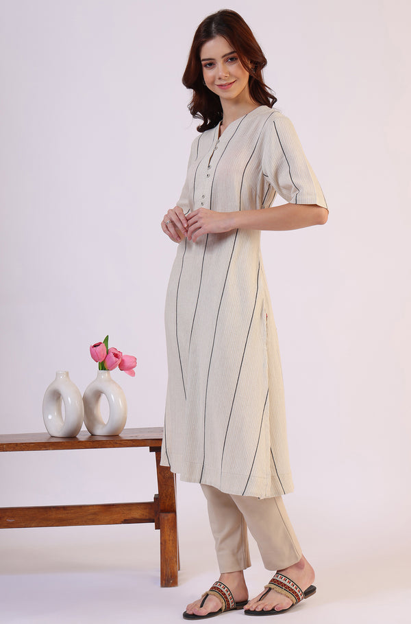 Light Beige Yarn Dyed Striped Short Sleeves Cotton Blend Kurta