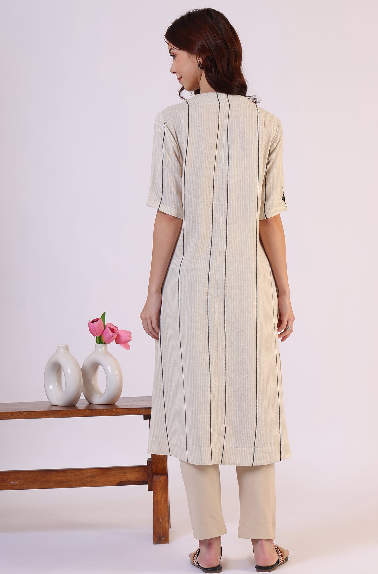 Light Beige Yarn Dyed Striped Short Sleeves Cotton Blend Kurta