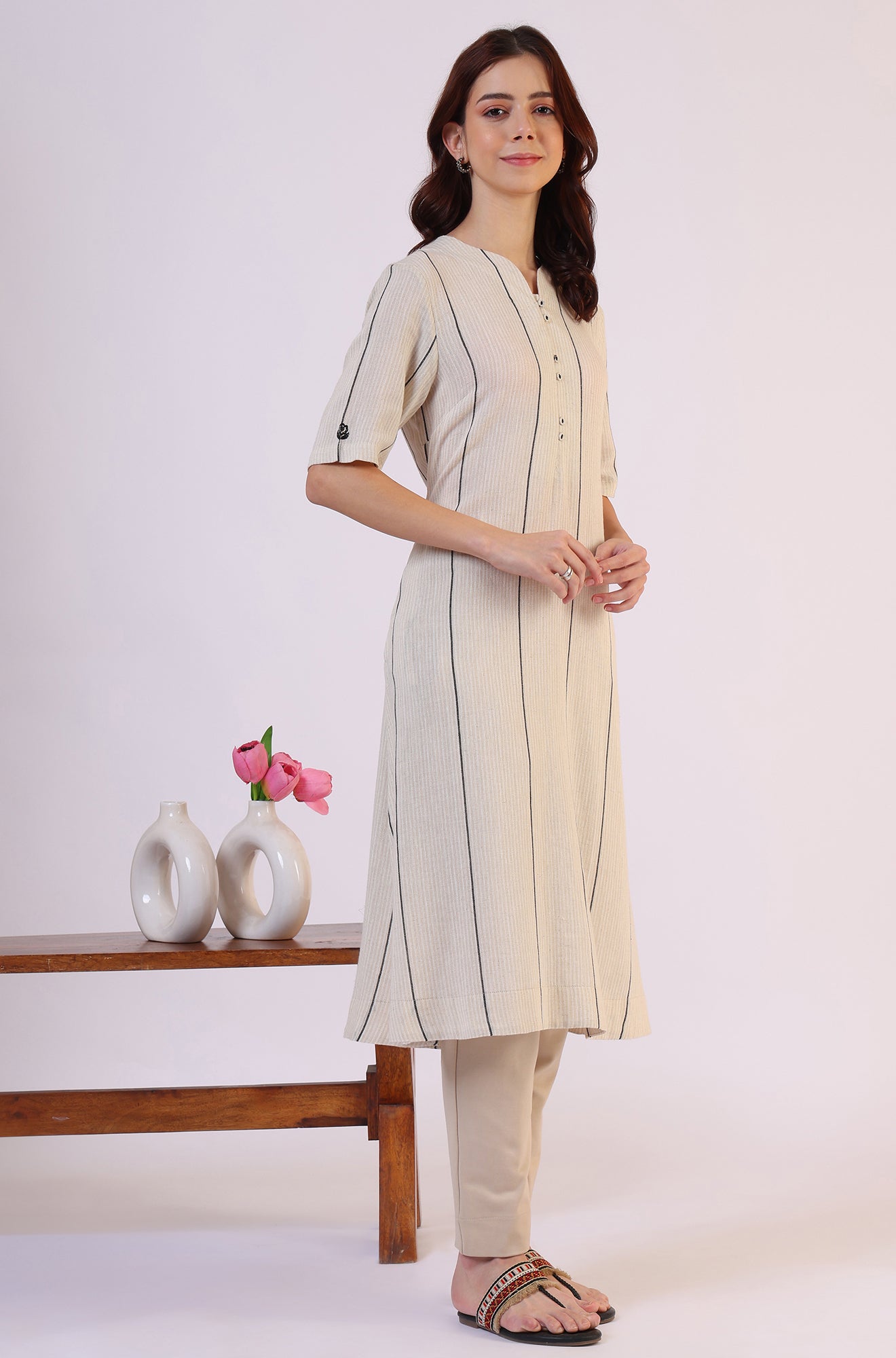 Light Beige Yarn Dyed Striped Short Sleeves Cotton Blend Kurta