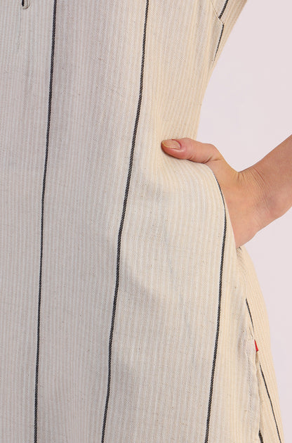 Light Beige Yarn Dyed Striped Short Sleeves Cotton Blend Kurta