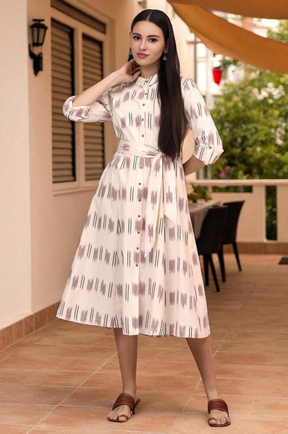 White Ikkat Pure Cotton A-line Shirt Dress with Belt