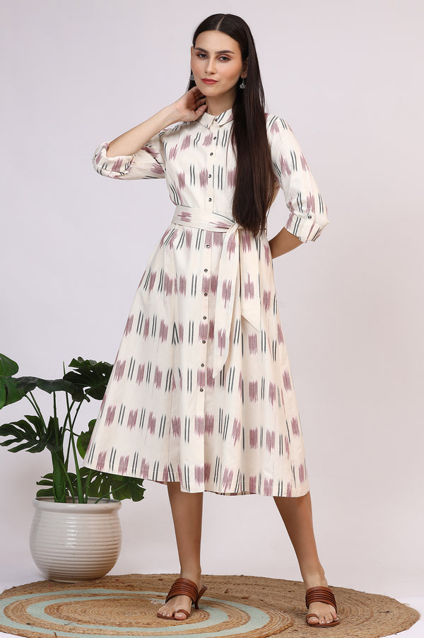 White Ikkat Pure Cotton A-line Shirt Dress with Belt