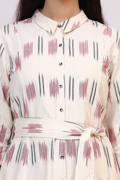 White Ikkat Pure Cotton A-line Shirt Dress with Belt