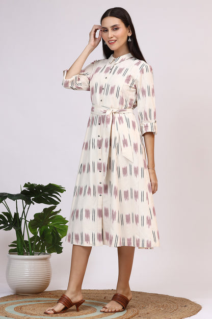 White Ikkat Pure Cotton A-line Shirt Dress with Belt