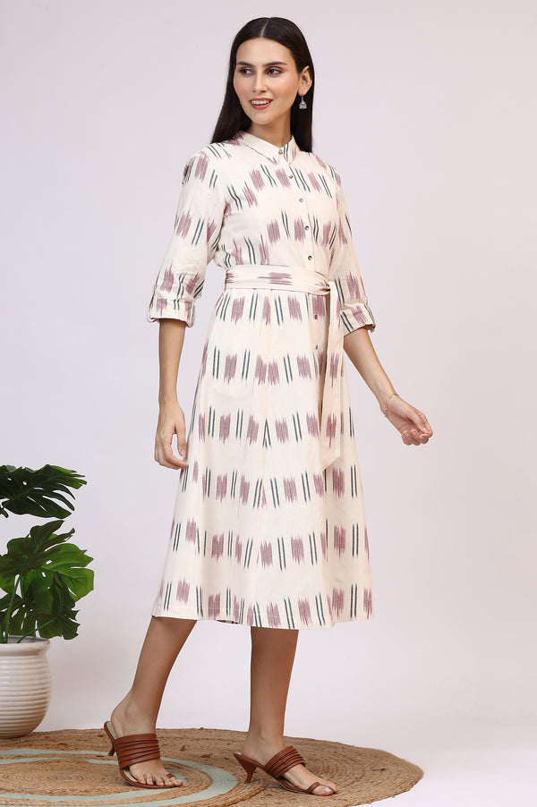 White Ikkat Pure Cotton A-line Shirt Dress with Belt
