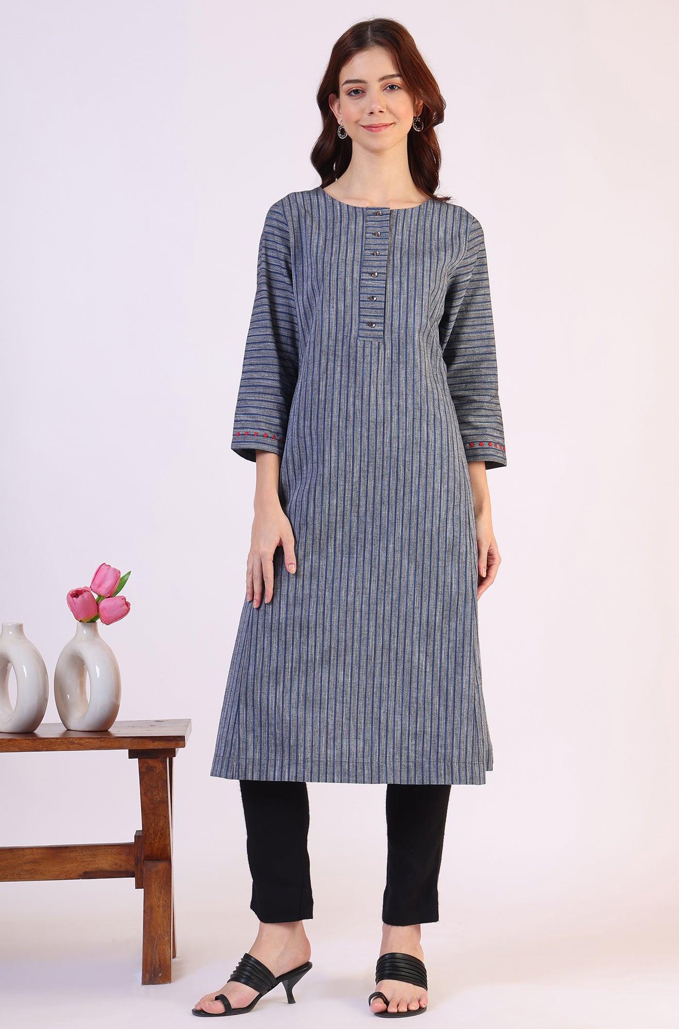 Grey Dyed Straight Pure Cotton Kurta
