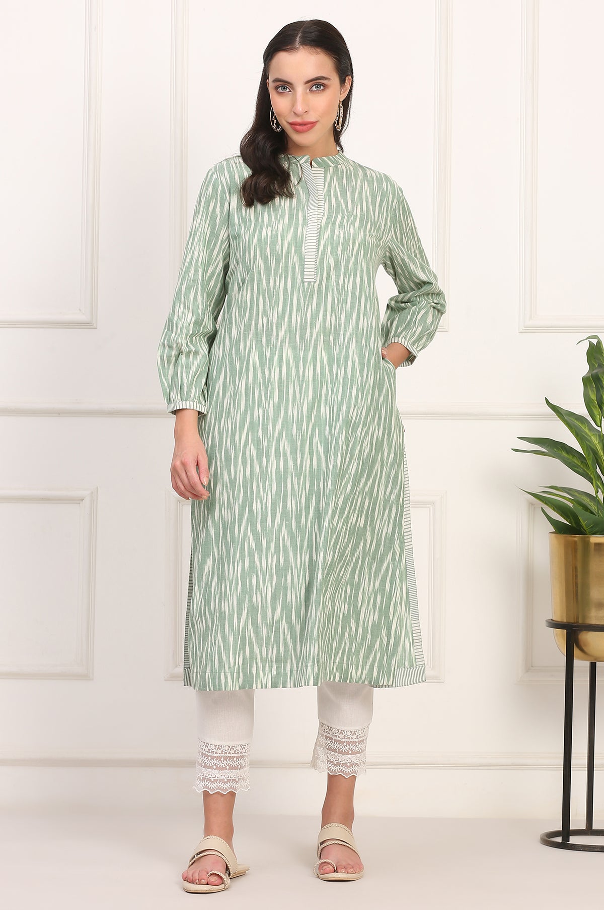 New Sage Green Ikat Printed A-Line Pure Cotton Kurta - XS
