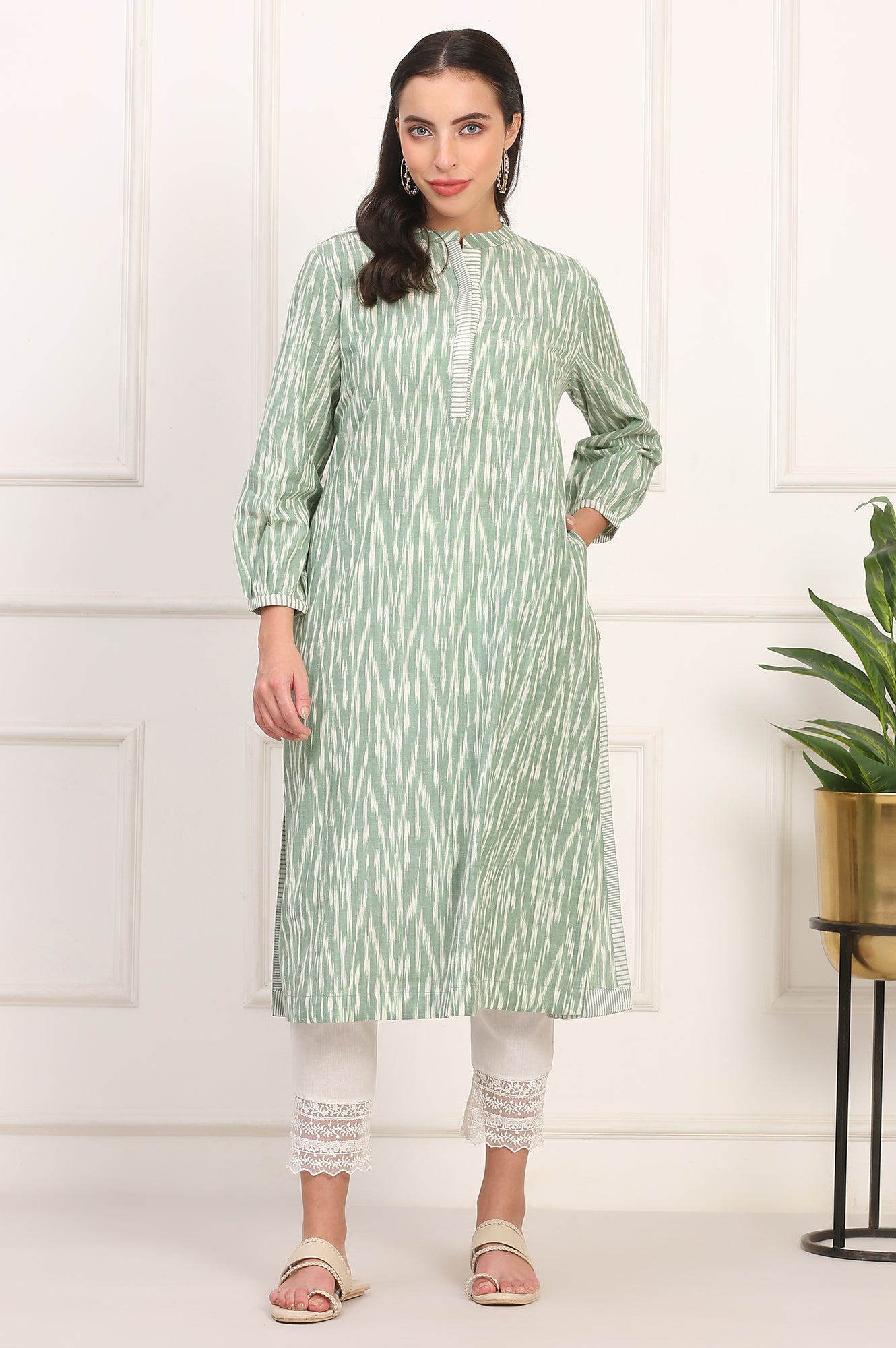 New Sage Green Ikat Printed A-Line Pure Cotton Kurta