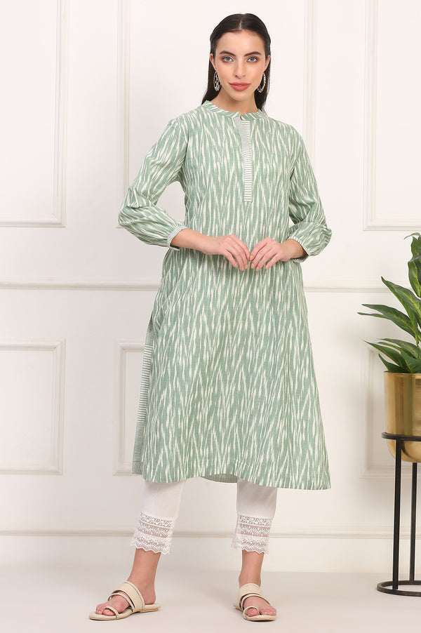 New Sage Green Ikat Printed A-Line Pure Cotton Kurta