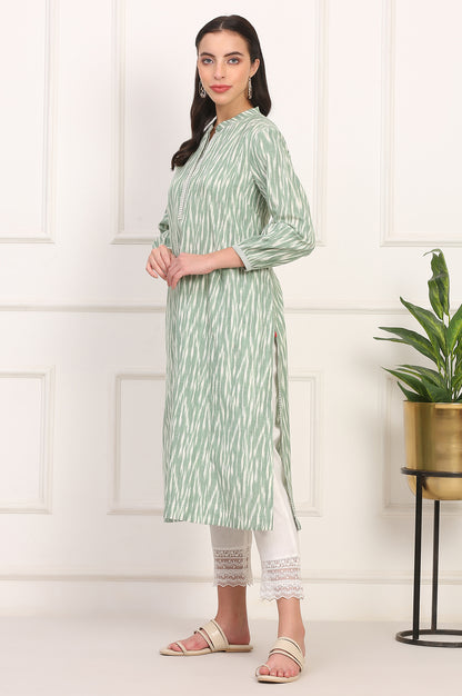 New Sage Green Ikat Printed A-Line Pure Cotton Kurta