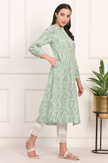 New Sage Green Ikat Printed A-Line Pure Cotton Kurta