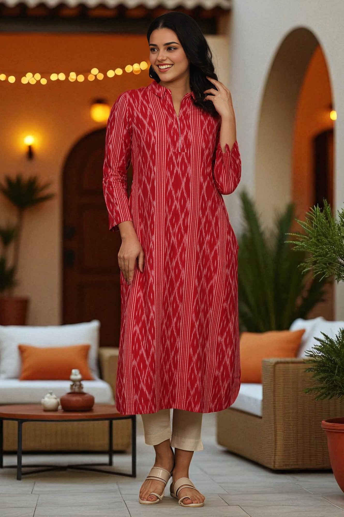 Red Ikat Yarn Dyed Pure Cotton Shirt Collar Kurta