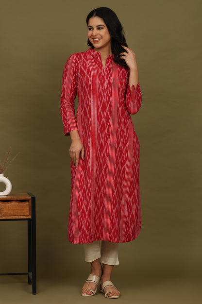 Red Ikat Yarn Dyed Pure Cotton Shirt Collar Kurta