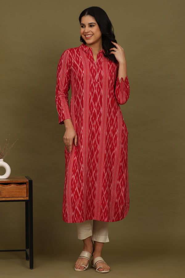 Red Ikat Yarn Dyed Pure Cotton Shirt Collar Kurta