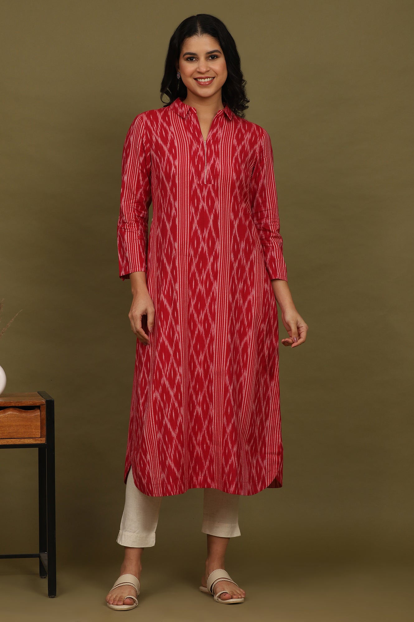 Red Ikat Yarn Dyed Pure Cotton Shirt Collar Kurta