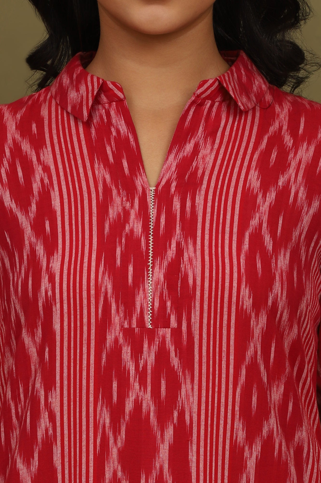 Red Ikat Yarn Dyed Pure Cotton Shirt Collar Kurta