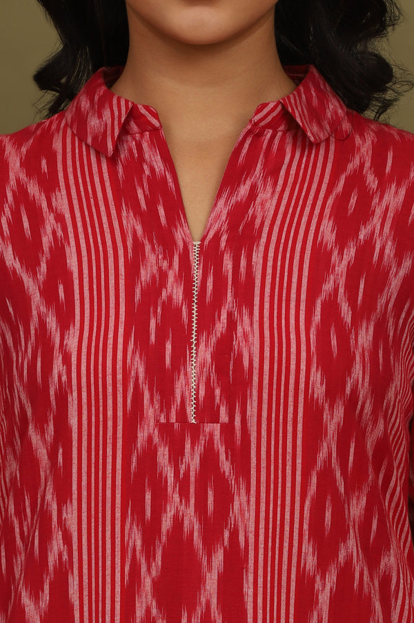 Red Ikat Yarn Dyed Pure Cotton Shirt Collar Kurta