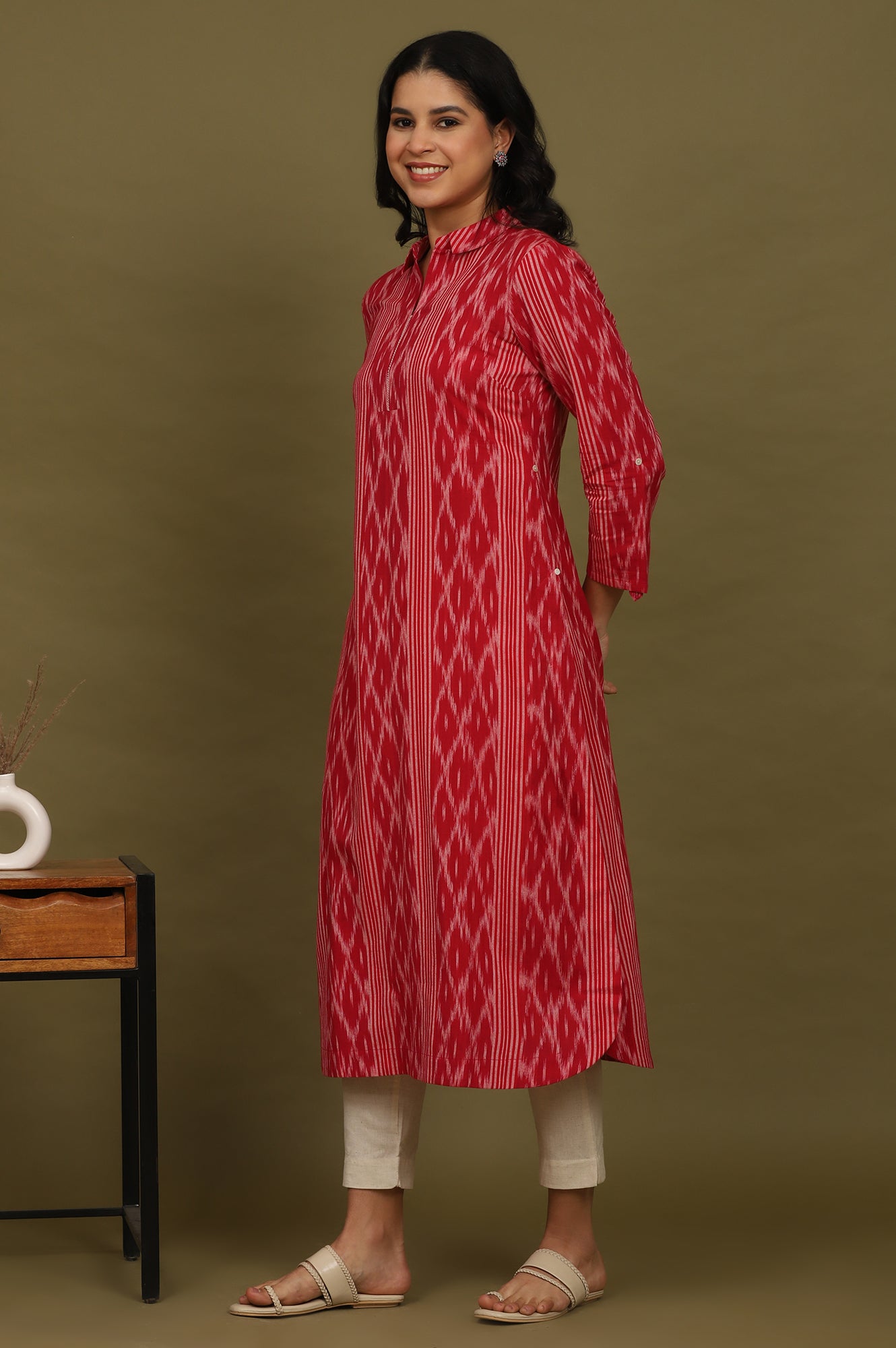 Red Ikat Yarn Dyed Pure Cotton Shirt Collar Kurta