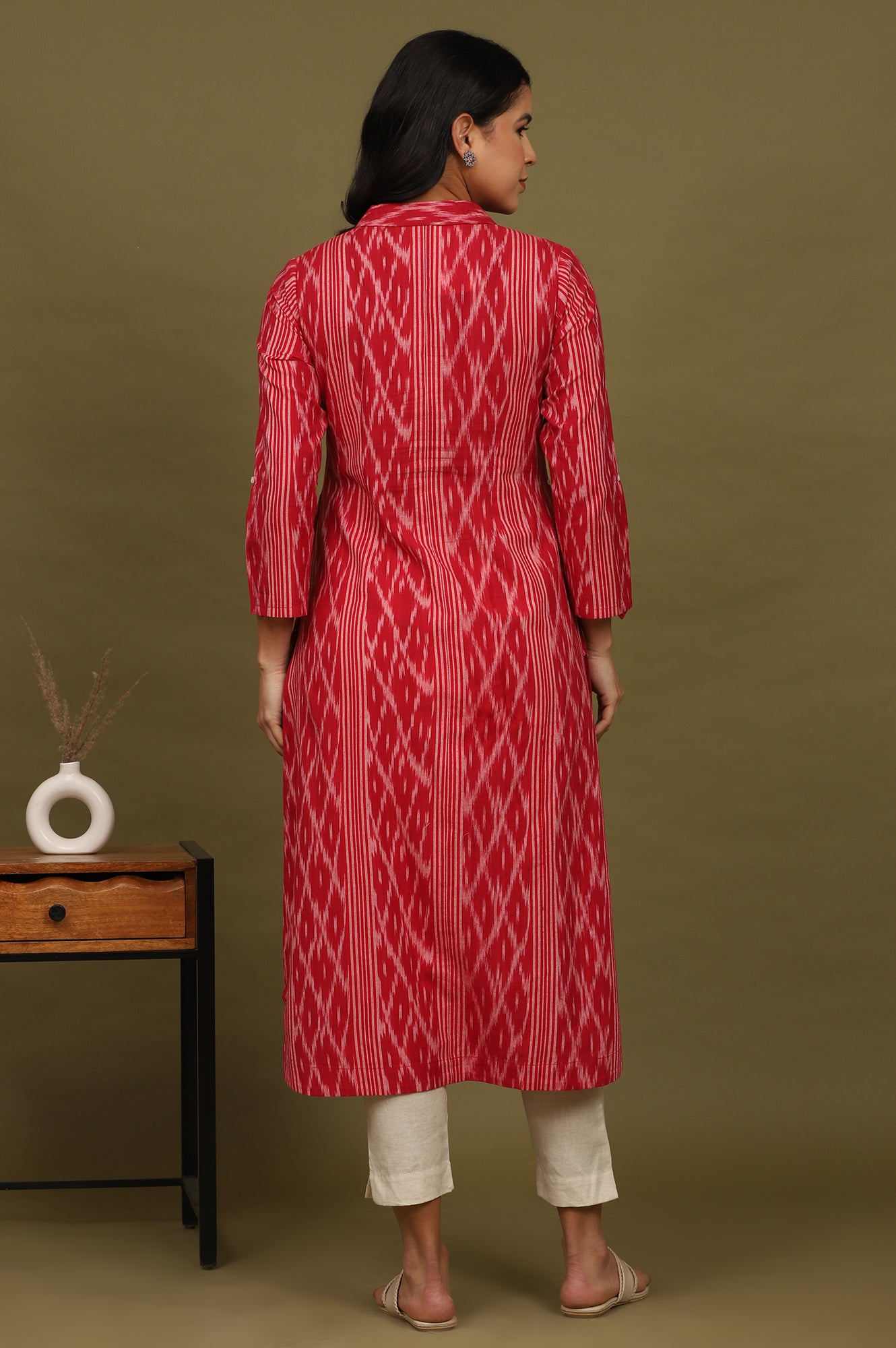 Red Ikat Yarn Dyed Pure Cotton Shirt Collar Kurta