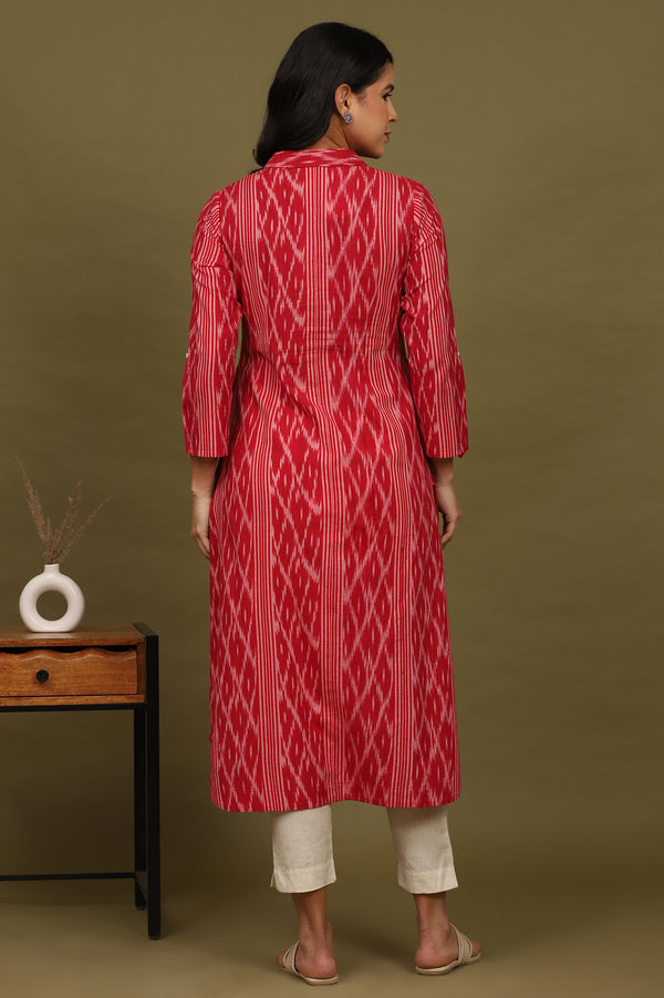 Red Ikat Yarn Dyed Pure Cotton Shirt Collar Kurta