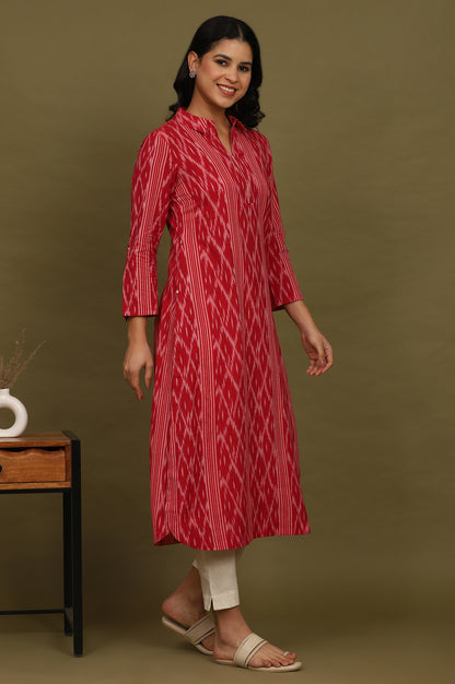 Red Ikat Yarn Dyed Pure Cotton Shirt Collar Kurta