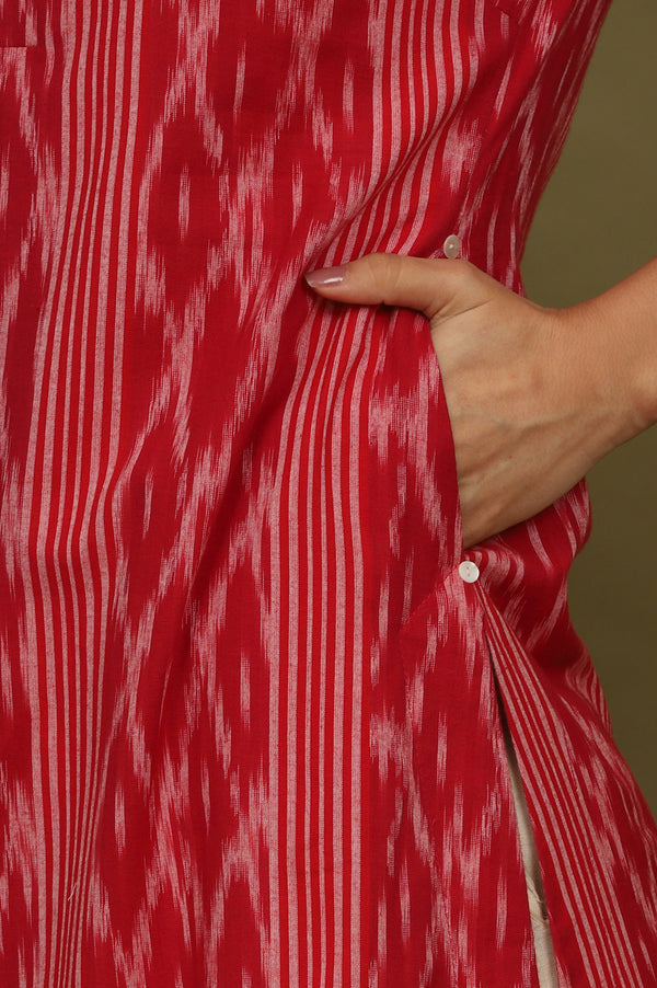 Red Ikat Yarn Dyed Pure Cotton Shirt Collar Kurta
