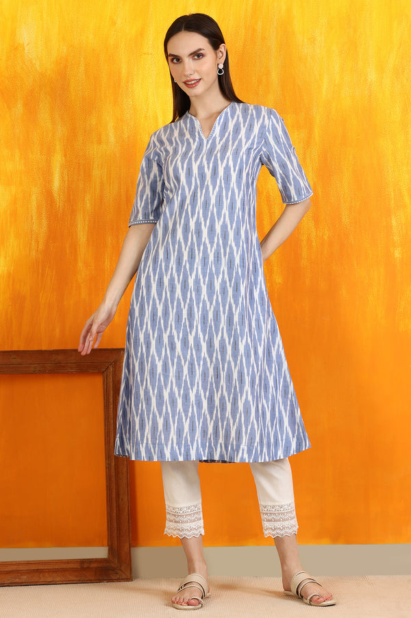 Cobalt Blue Ikkat Yarn Dyed Pure Cotton Straight Kurta