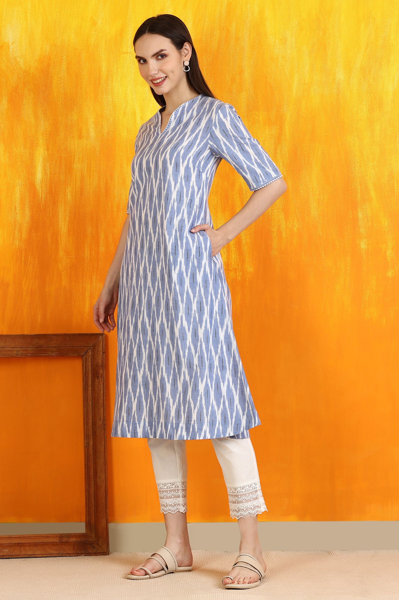 Cobalt Blue Ikkat Yarn Dyed Pure Cotton Straight Kurta