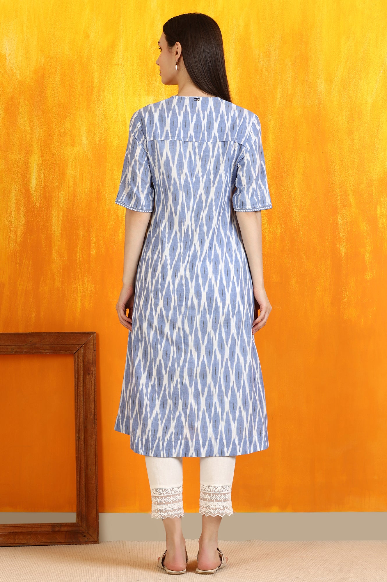 Cobalt Blue Ikkat Yarn Dyed Pure Cotton Straight Kurta