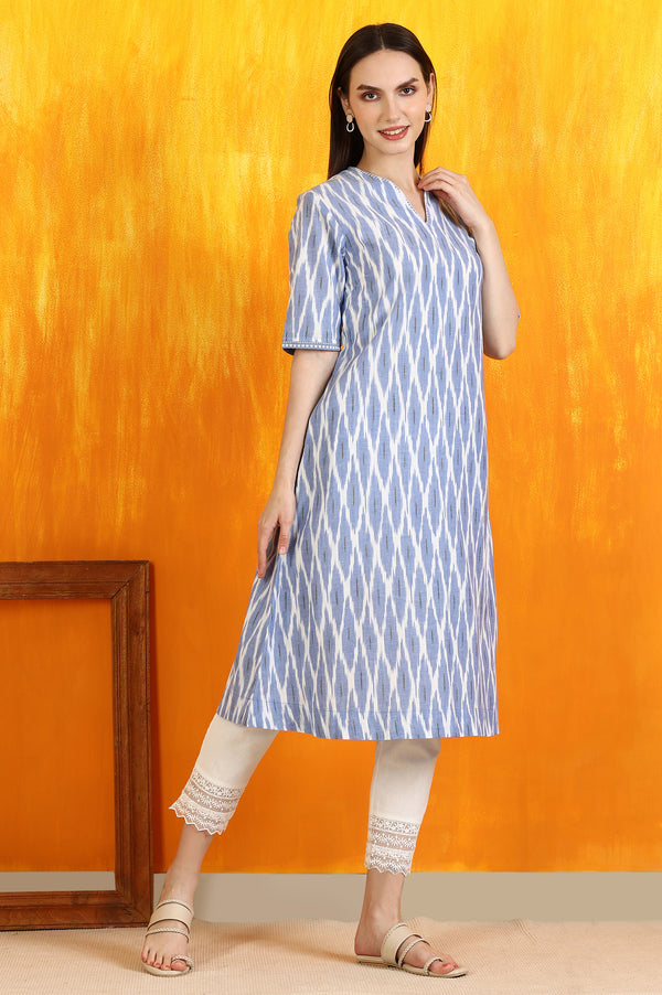 Cobalt Blue Ikkat Yarn Dyed Pure Cotton Straight Kurta