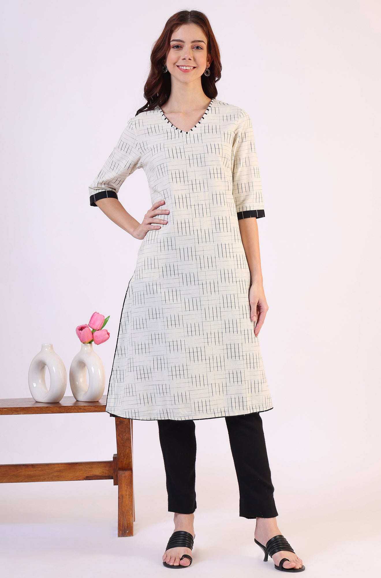 White Ikkat Yarn Dyed Pure Cotton Straight Kurta