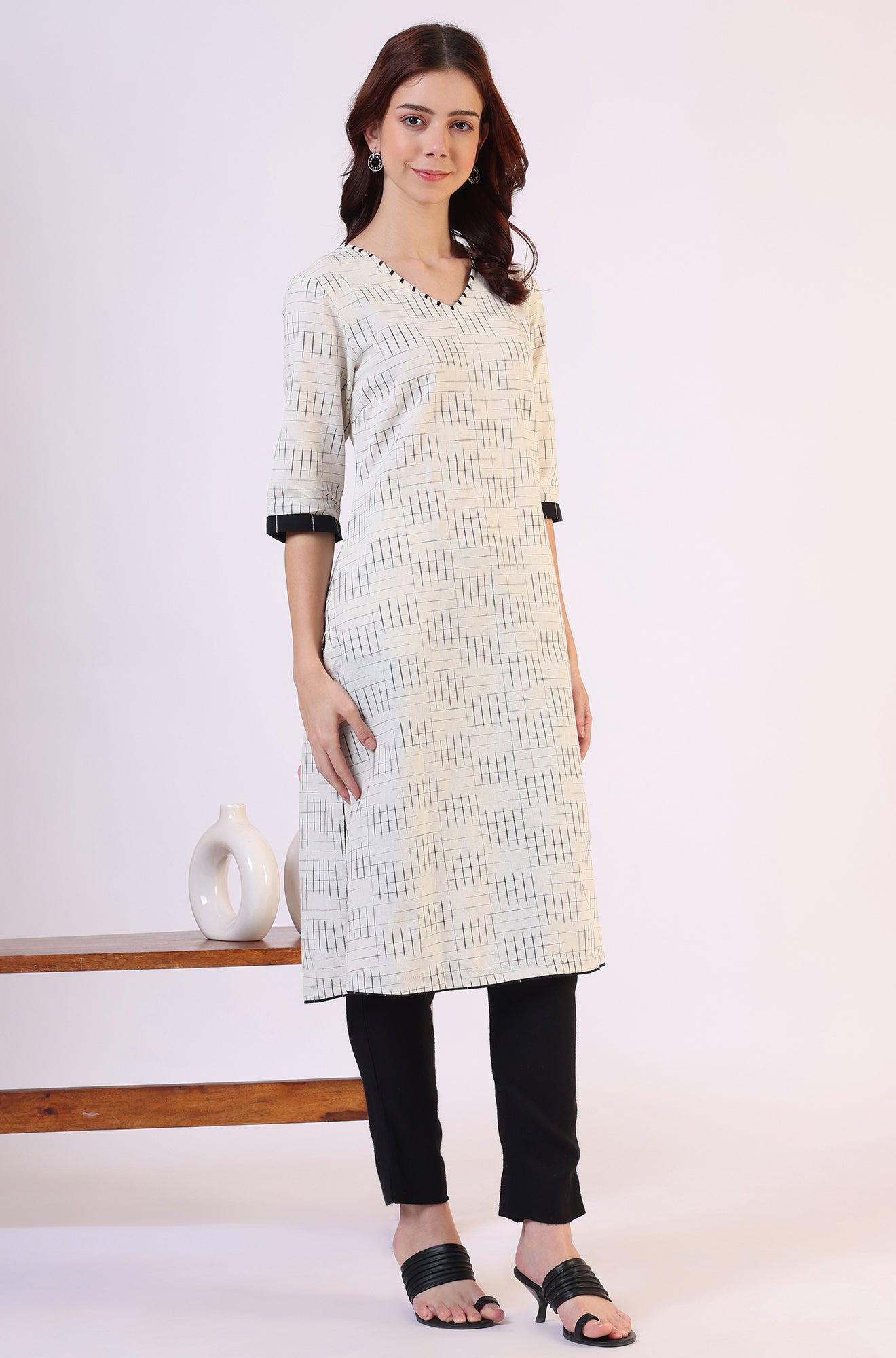 White Ikkat Yarn Dyed Pure Cotton Straight Kurta