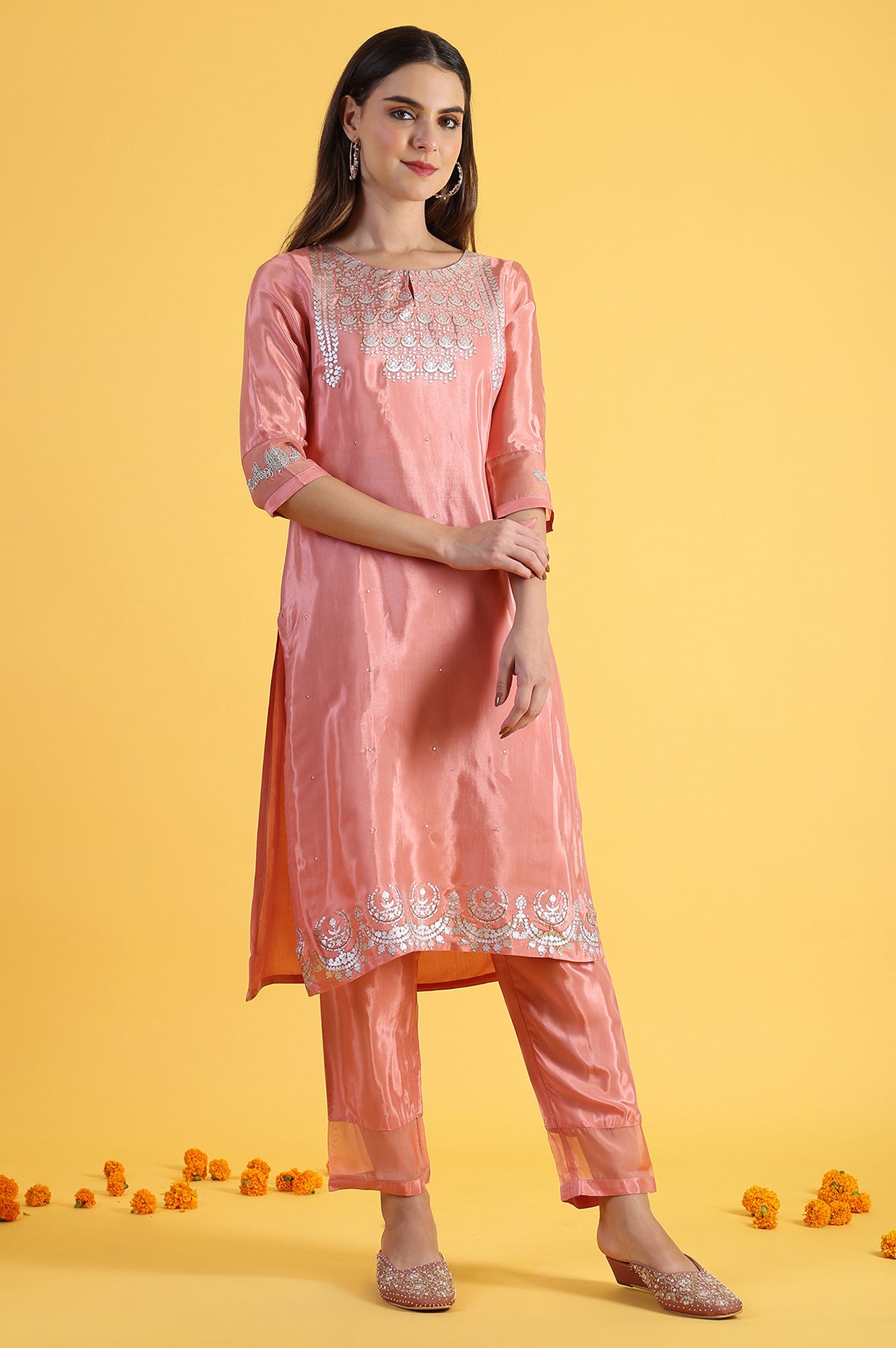 Pink Printed Shantung Straight Kurta in Keyhole Neck