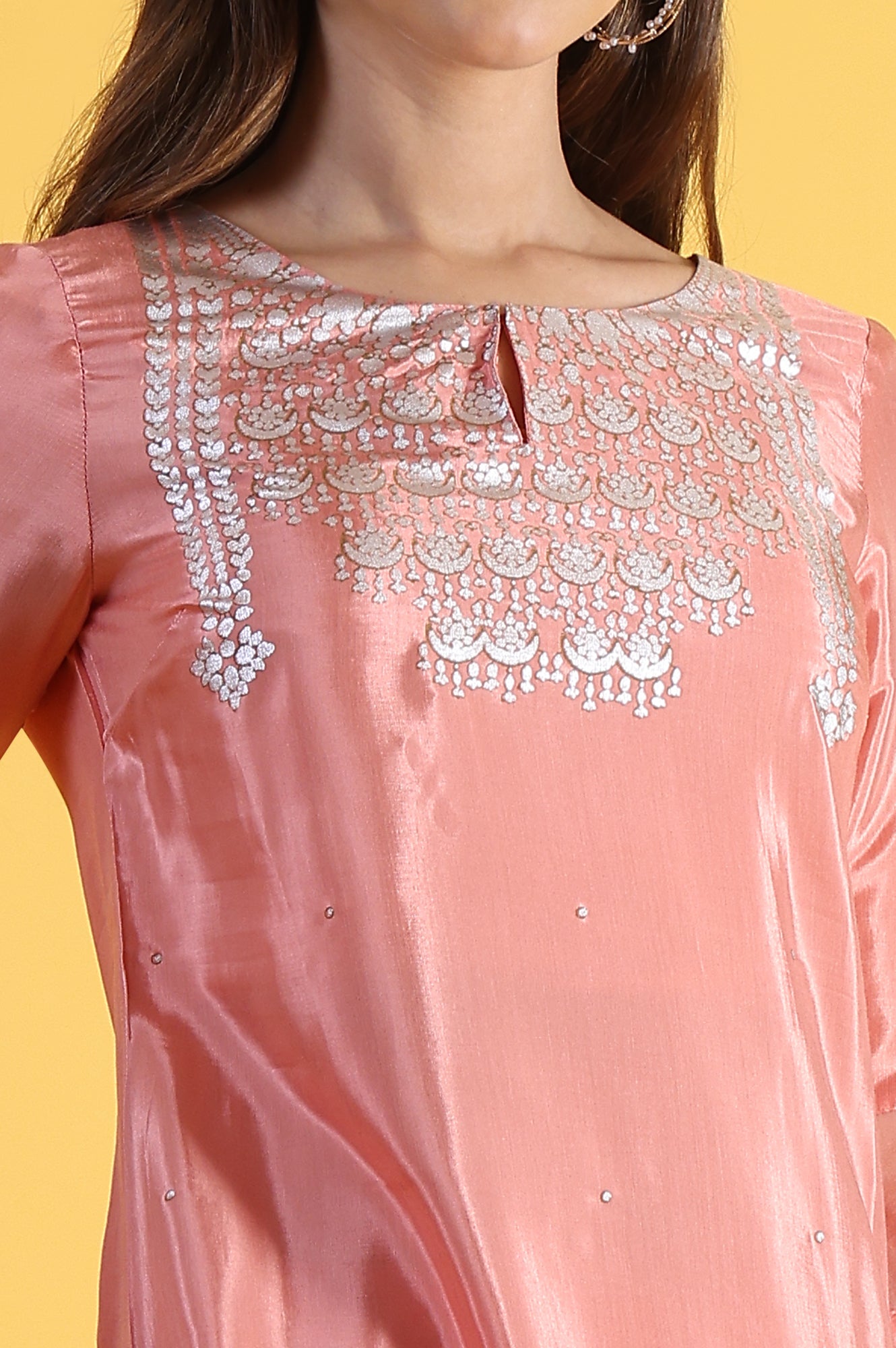 Pink Printed Shantung Straight Kurta in Keyhole Neck