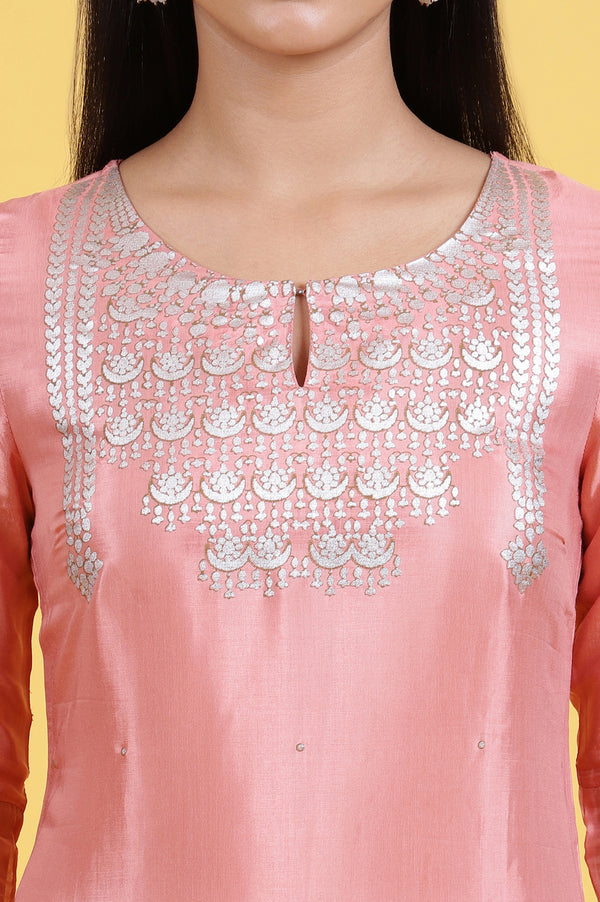 Pink Printed Shantung Straight Kurta in Keyhole Neck