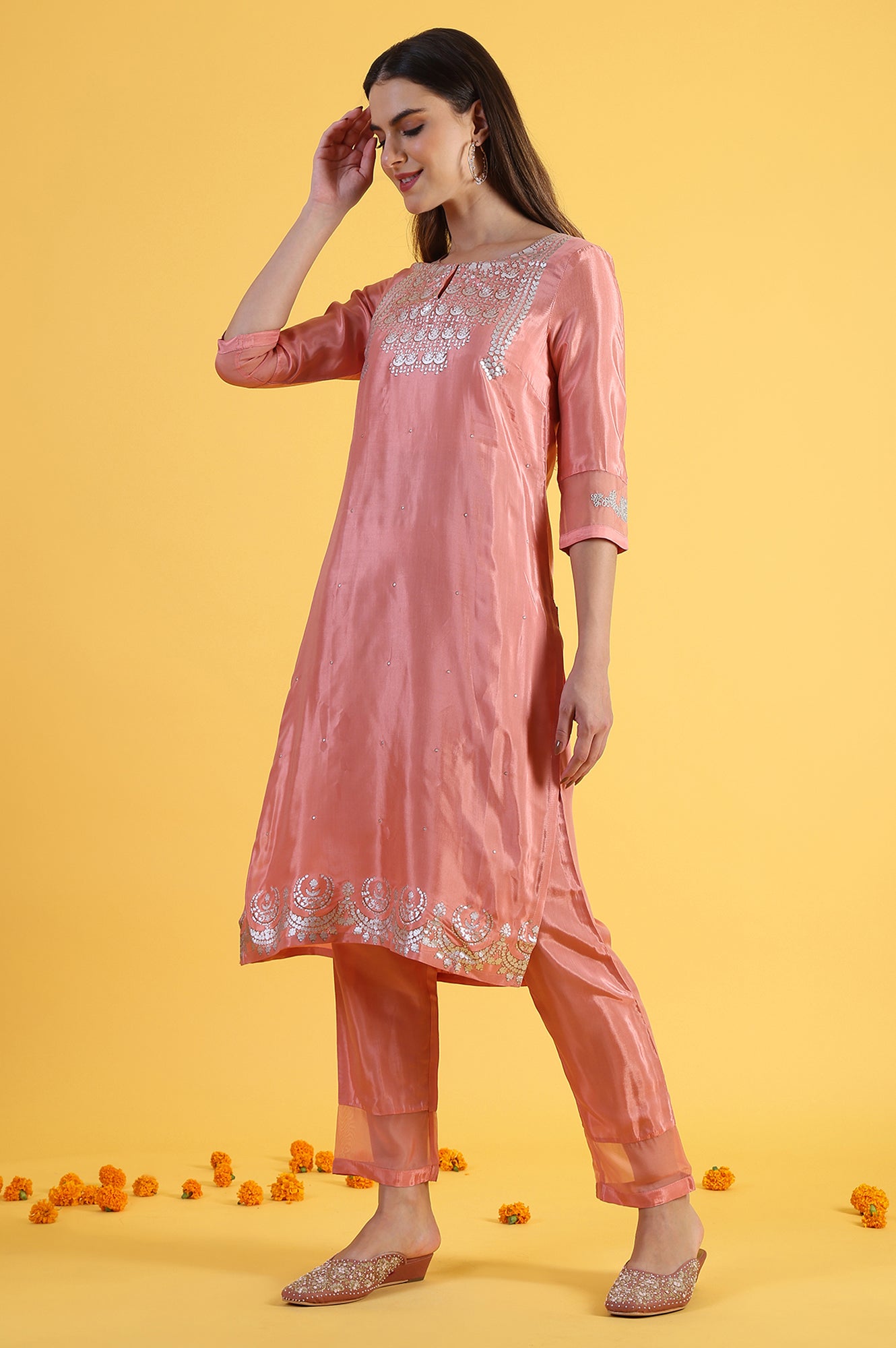 Pink Printed Shantung Straight Kurta in Keyhole Neck