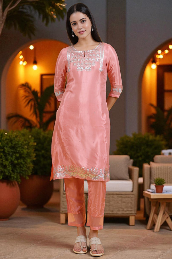 Pink Printed Shantung Straight Kurta in Keyhole Neck