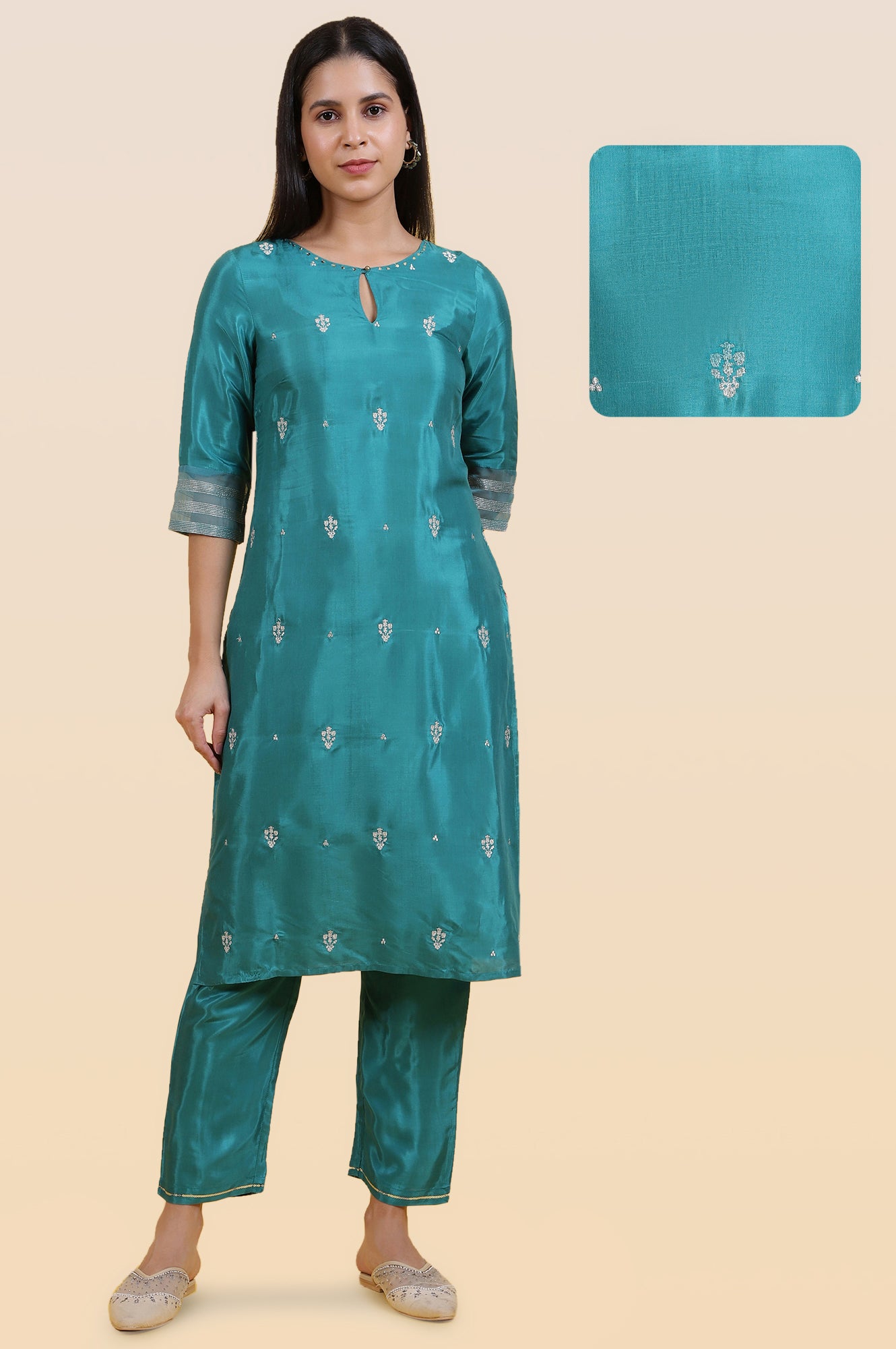 Green Embroidered Festive Rayon Straight Kurta with Keyhole Neck and Sequin Embellishments
