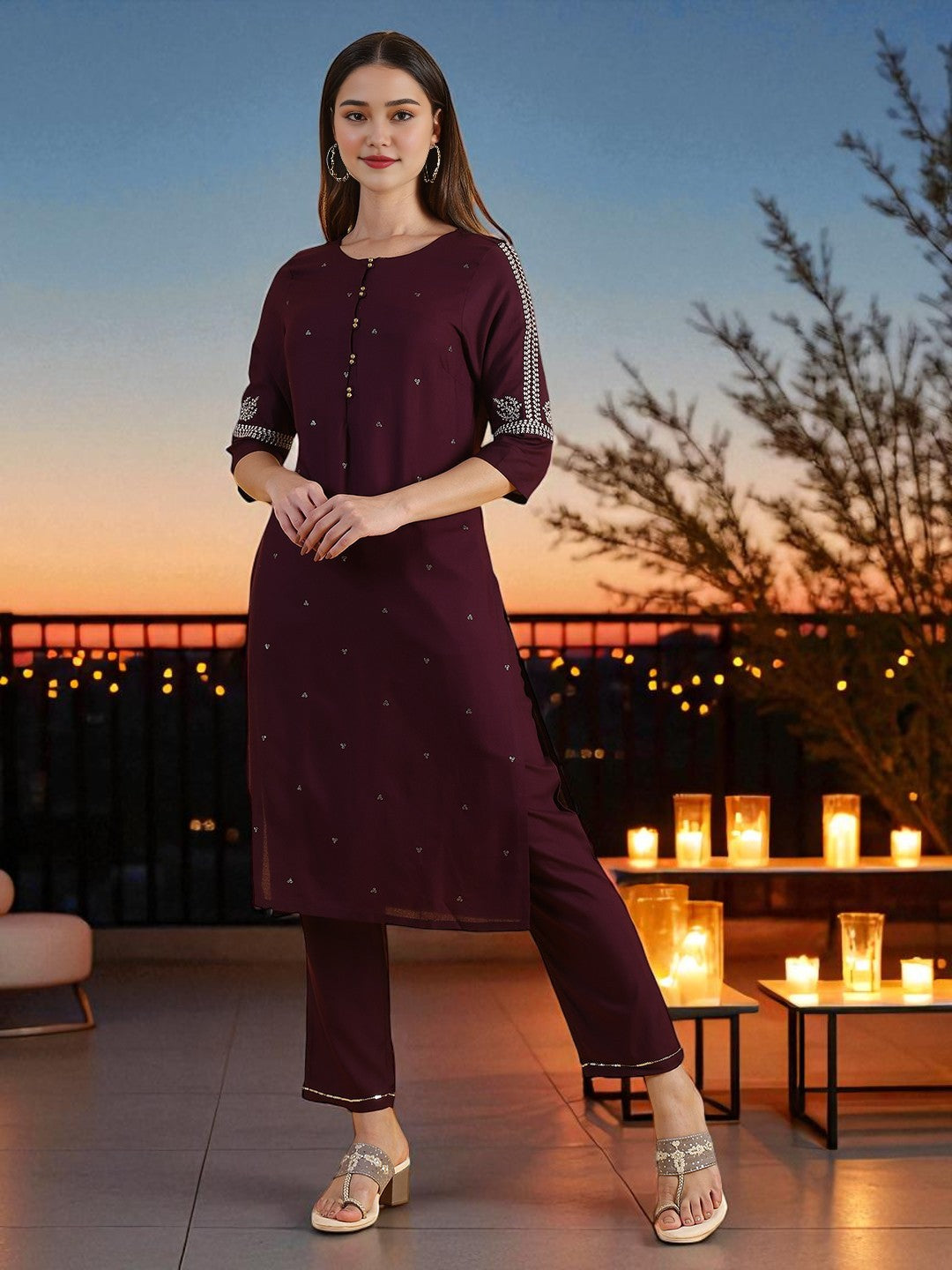 Purple Embroidered Straight Kurta in Round Neck