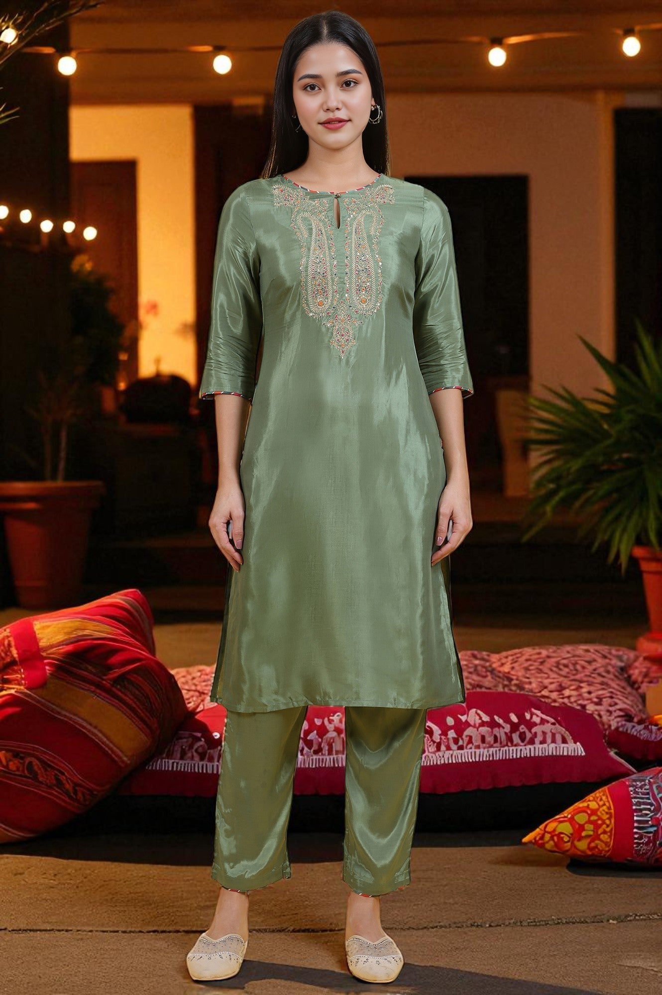 Light Green Embroidered Shantung Straight Kurta