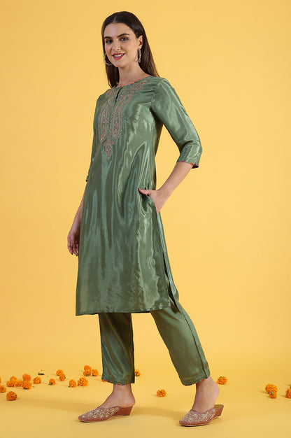 Light Green Embroidered Shantung Straight Kurta