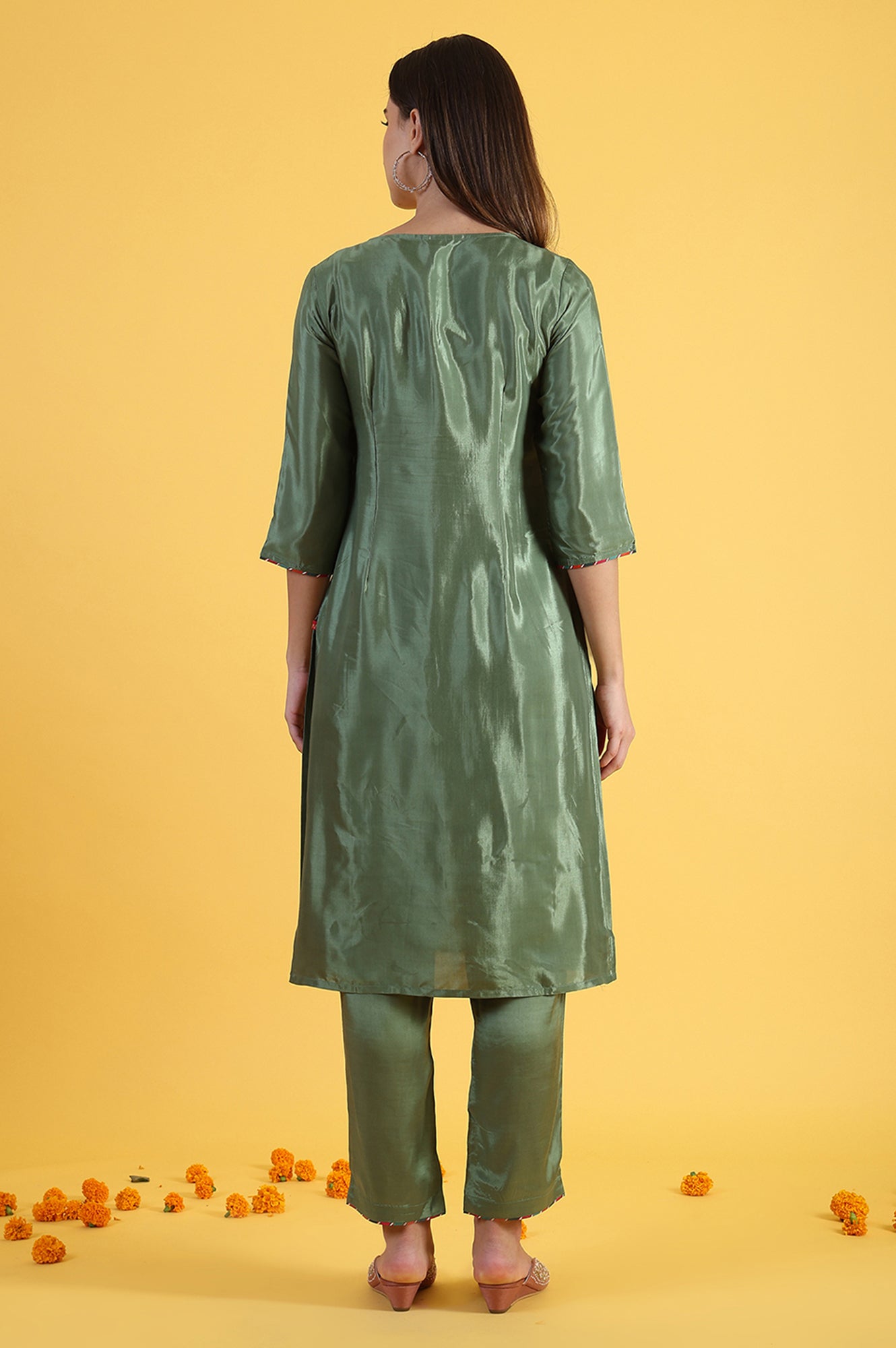 Light Green Embroidered Shantung Straight Kurta