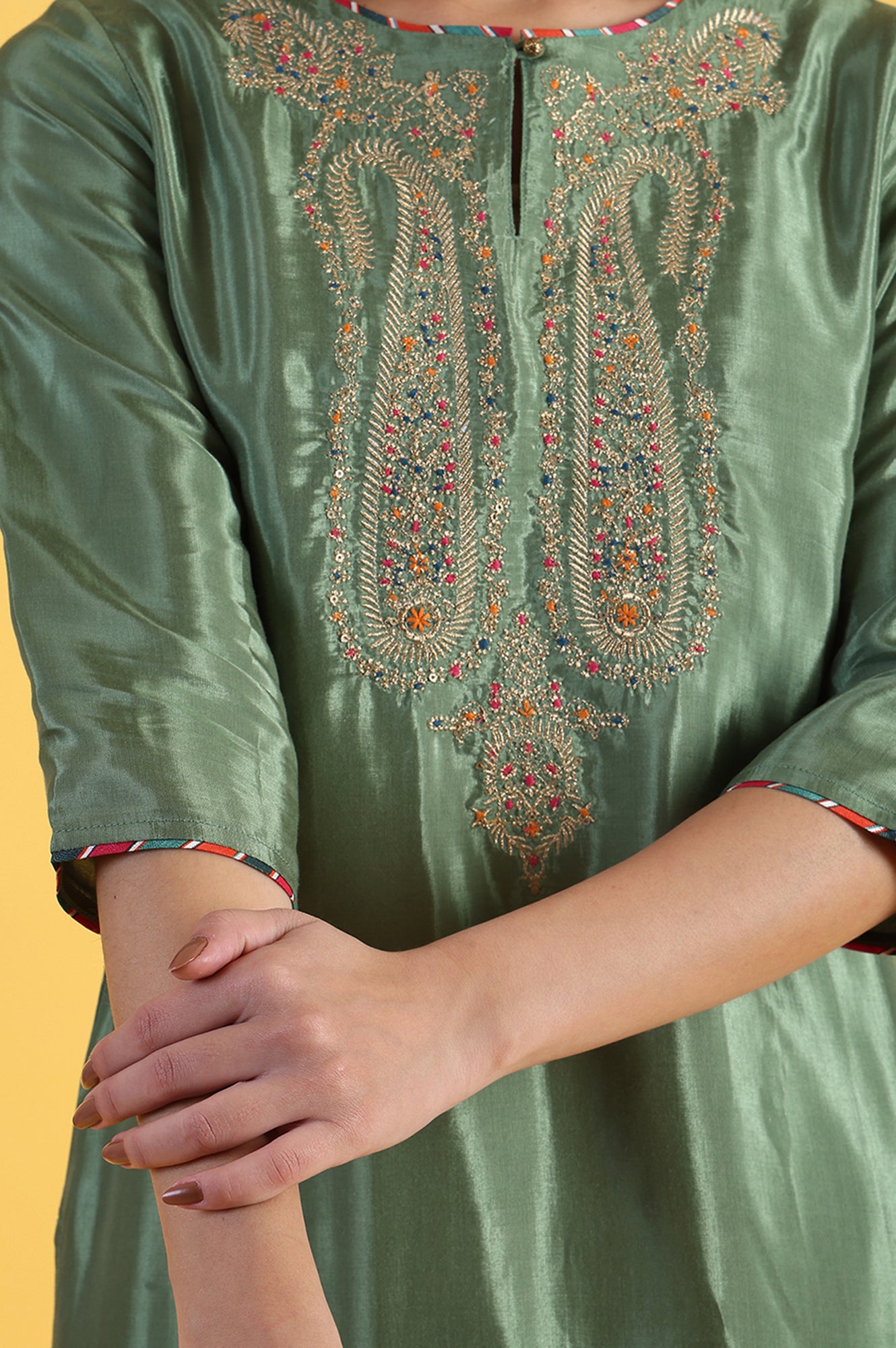 Light Green Embroidered Shantung Straight Kurta