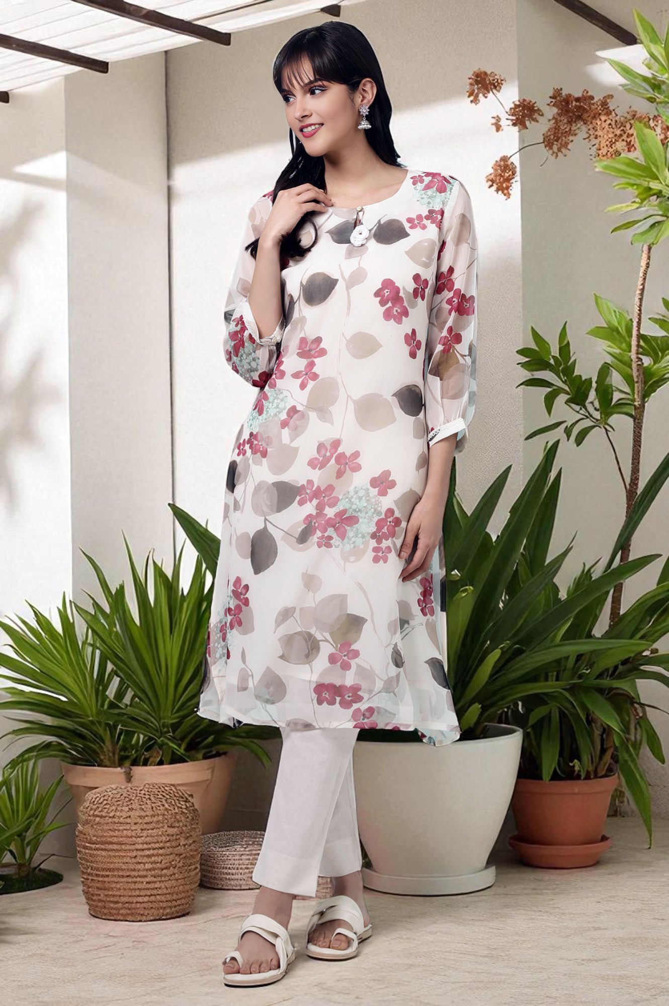 Off-White Floral Printed Chiffon Straight Kurta with Lace