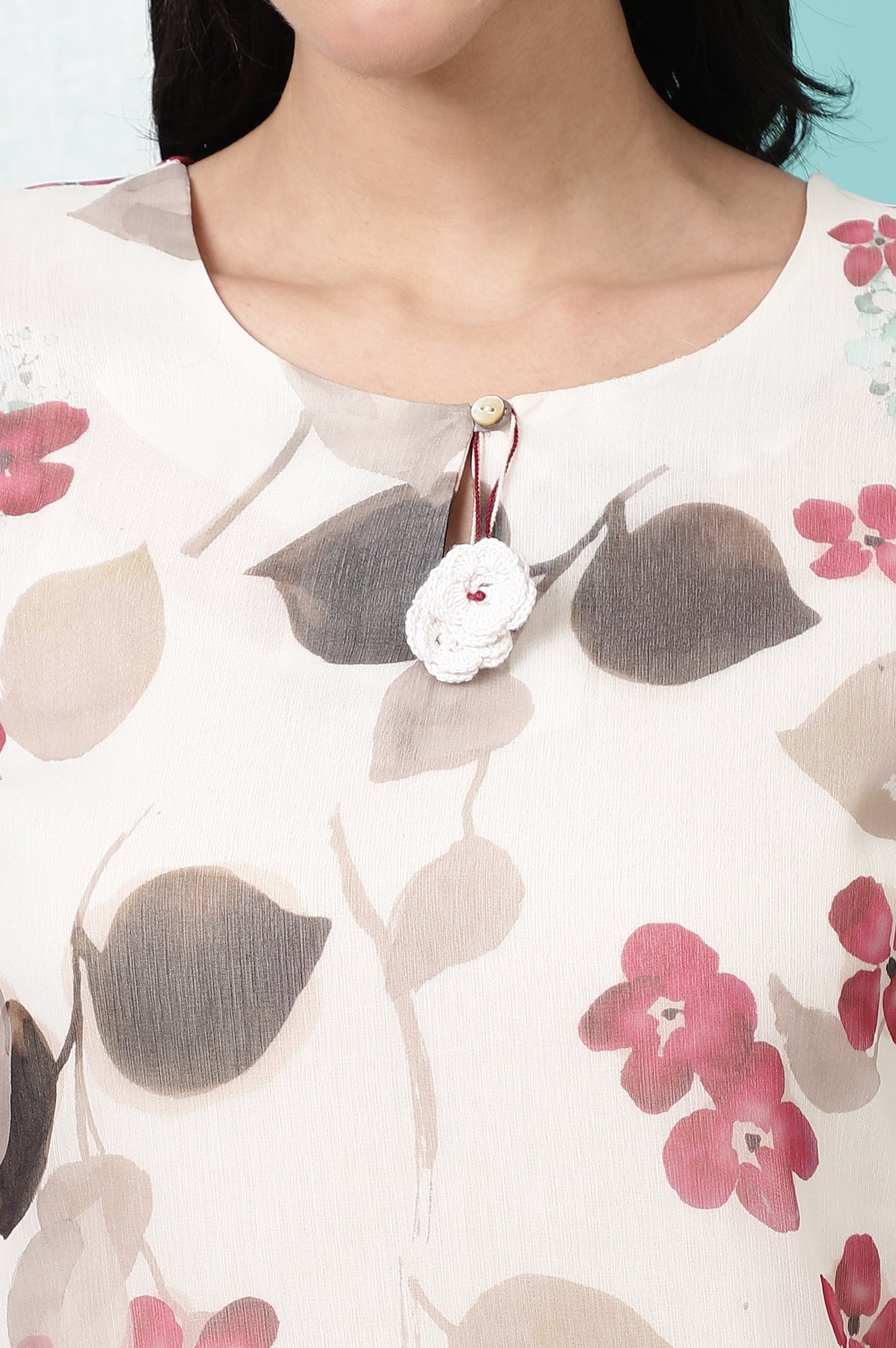 Off-White Floral Printed Chiffon Straight Kurta with Lace