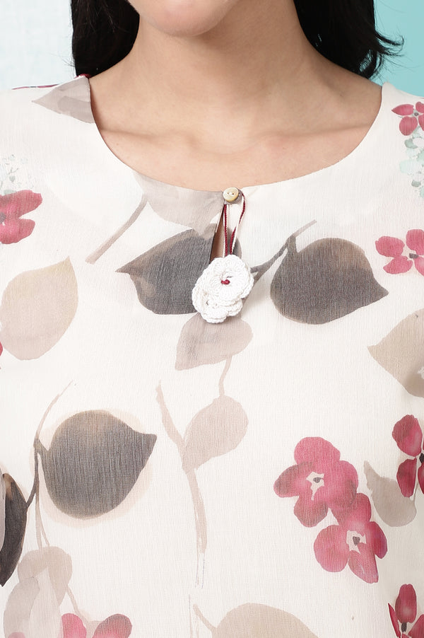 Off-White Floral Printed Chiffon Straight Kurta with Lace