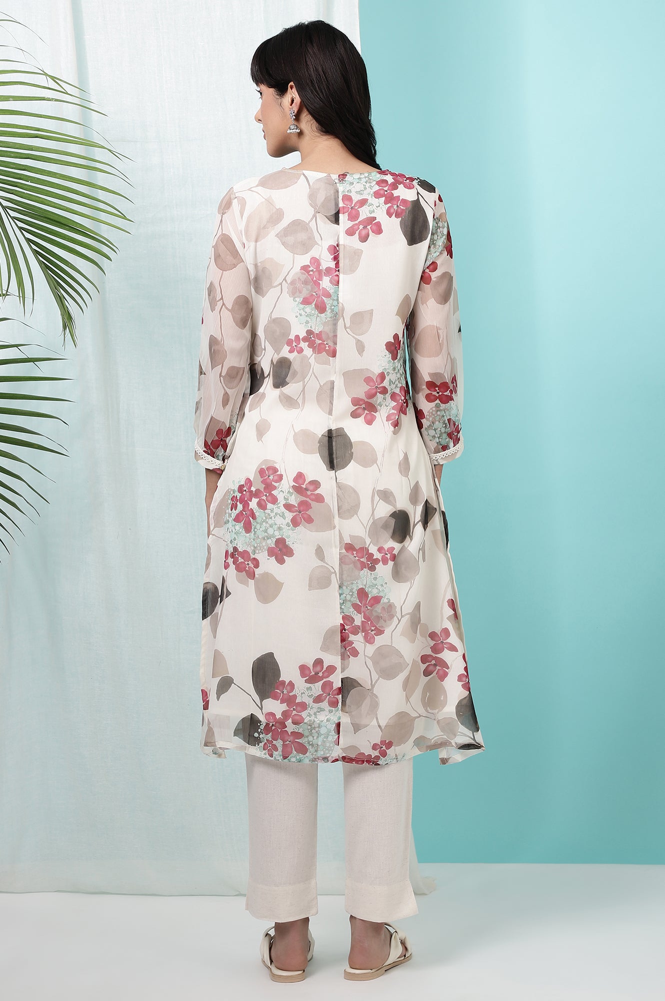Off-White Floral Printed Chiffon Straight Kurta with Lace